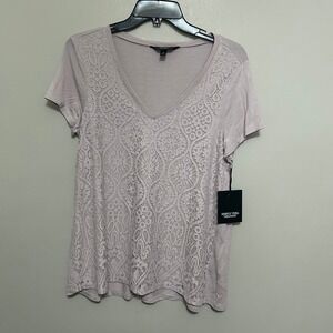 Simply Vera Wang Women's Blouse S‎ Cloud Gray Lavender Lace Front V Neck Shirt